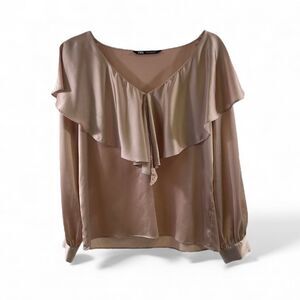 Zara Champagne Color Ruffled Satin Blouse Size S